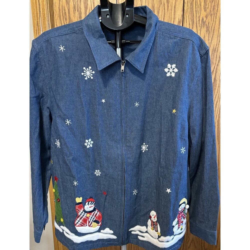 Size 24/26 Women's Denim Full Zip Jacket Embroidered Snowman  Christmas Winter